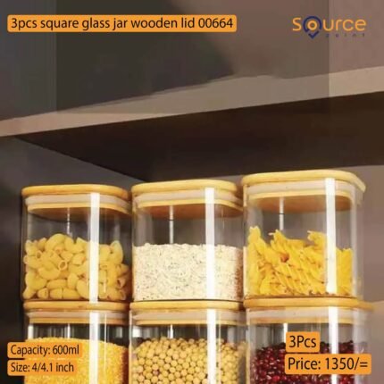 600ml 3pcs square glass jar wooden lid 00664