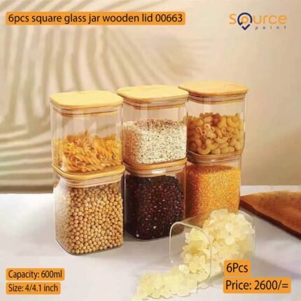 600ml 6pcs square glass jar wooden lid 00663